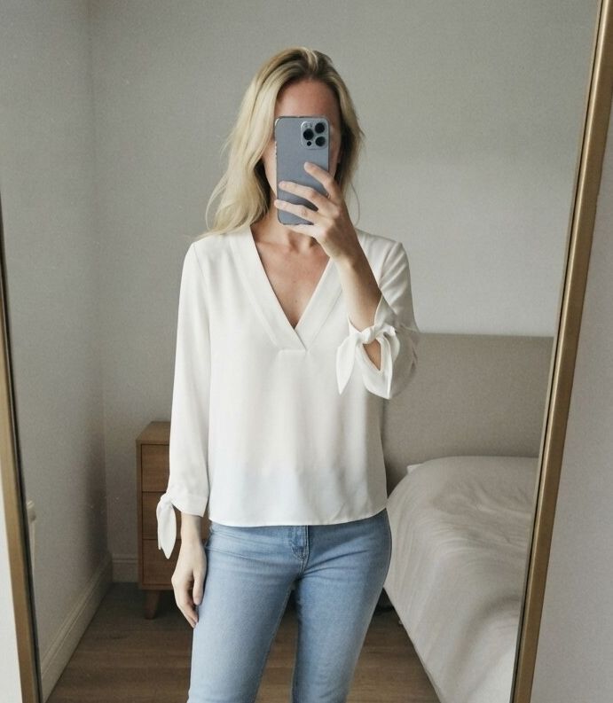 Zara Basic White V-Neck Blouse with Tie Sleeves - Size Small