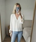 Zara Basic White V-Neck Blouse with Tie Sleeves - Size Small