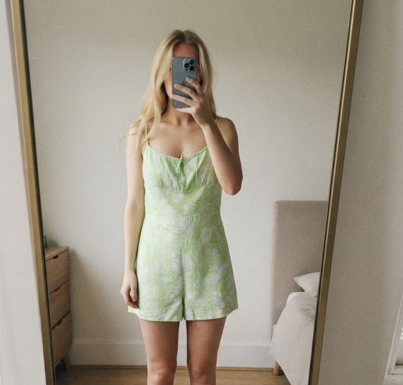 Bershka Women's Light Green Floral Print Linen Playsuit, Size S, BNWT