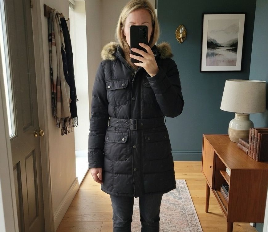 Barbour Storm Down Waterproof Wax Jacket with Faux Fur Hood Trim - UK Size 8