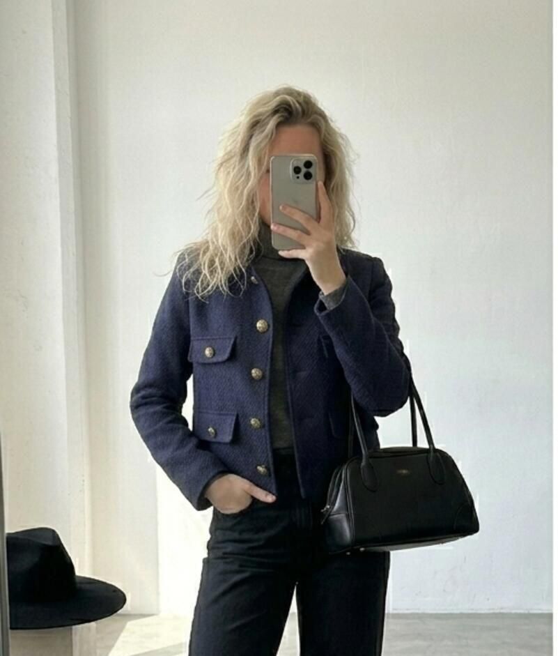 Attentif Navy Blue Textured Cropped Wool Blend Jacket with Gold Buttons, UK 10