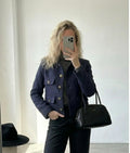 Attentif Navy Blue Textured Cropped Wool Blend Jacket with Gold Buttons, UK 10