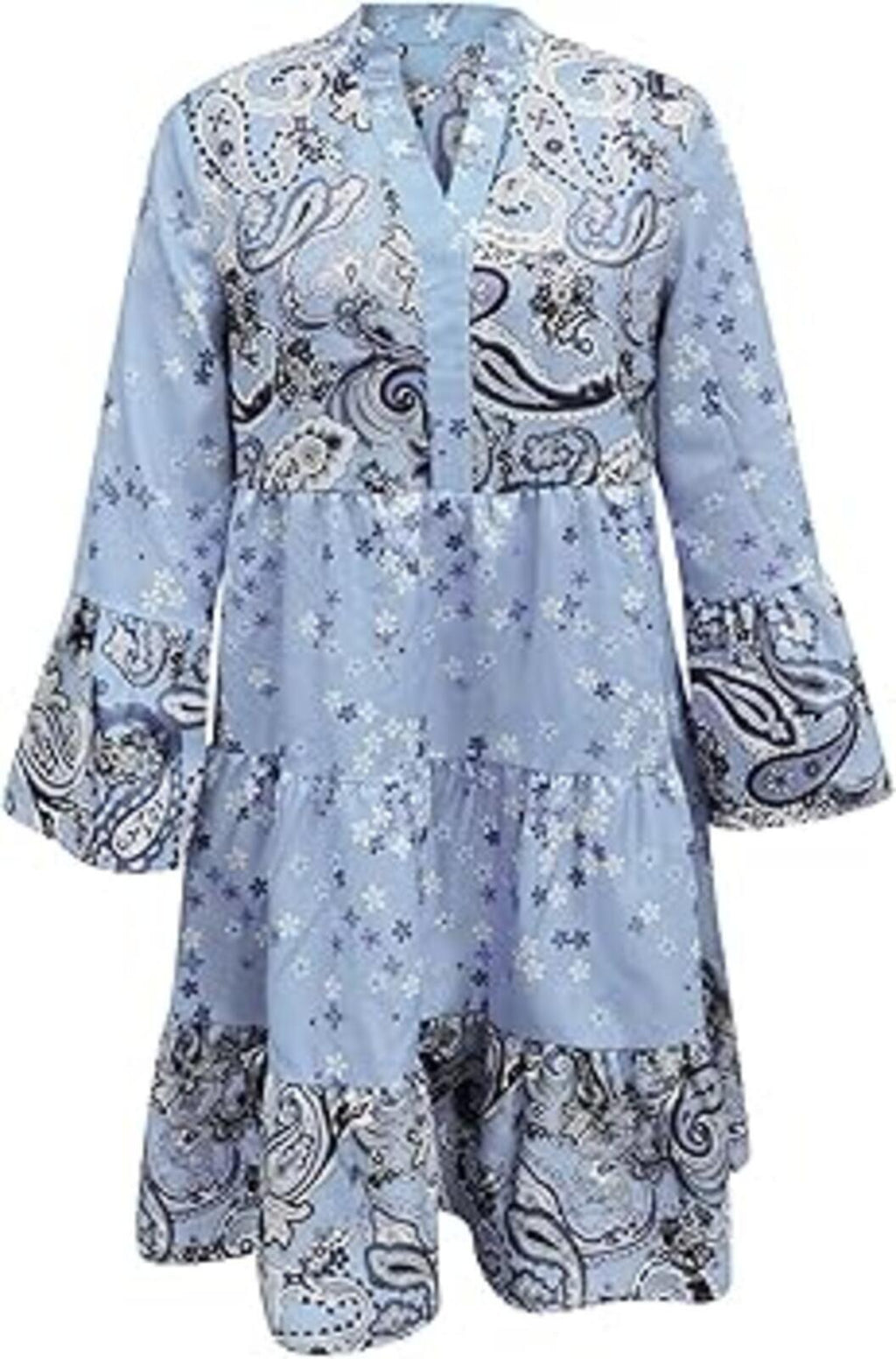Blue Paisley & Floral Tiered Boho Long Sleeve Smock Mini Dress, size L