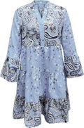 Blue Paisley & Floral Tiered Boho Long Sleeve Smock Mini Dress, size L
