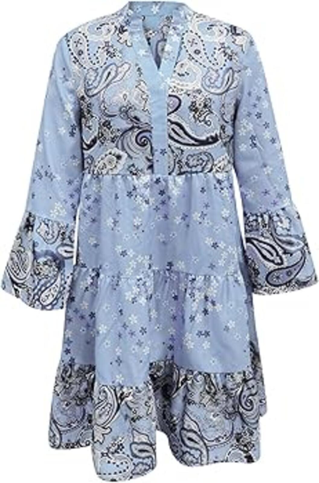 Blue Paisley & Floral Tiered Boho Long Sleeve Smock Mini Dress, size L