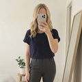 French Connection Navy Silk-Mix Panel Crew Neck Short sleeve T-Shirt, size L