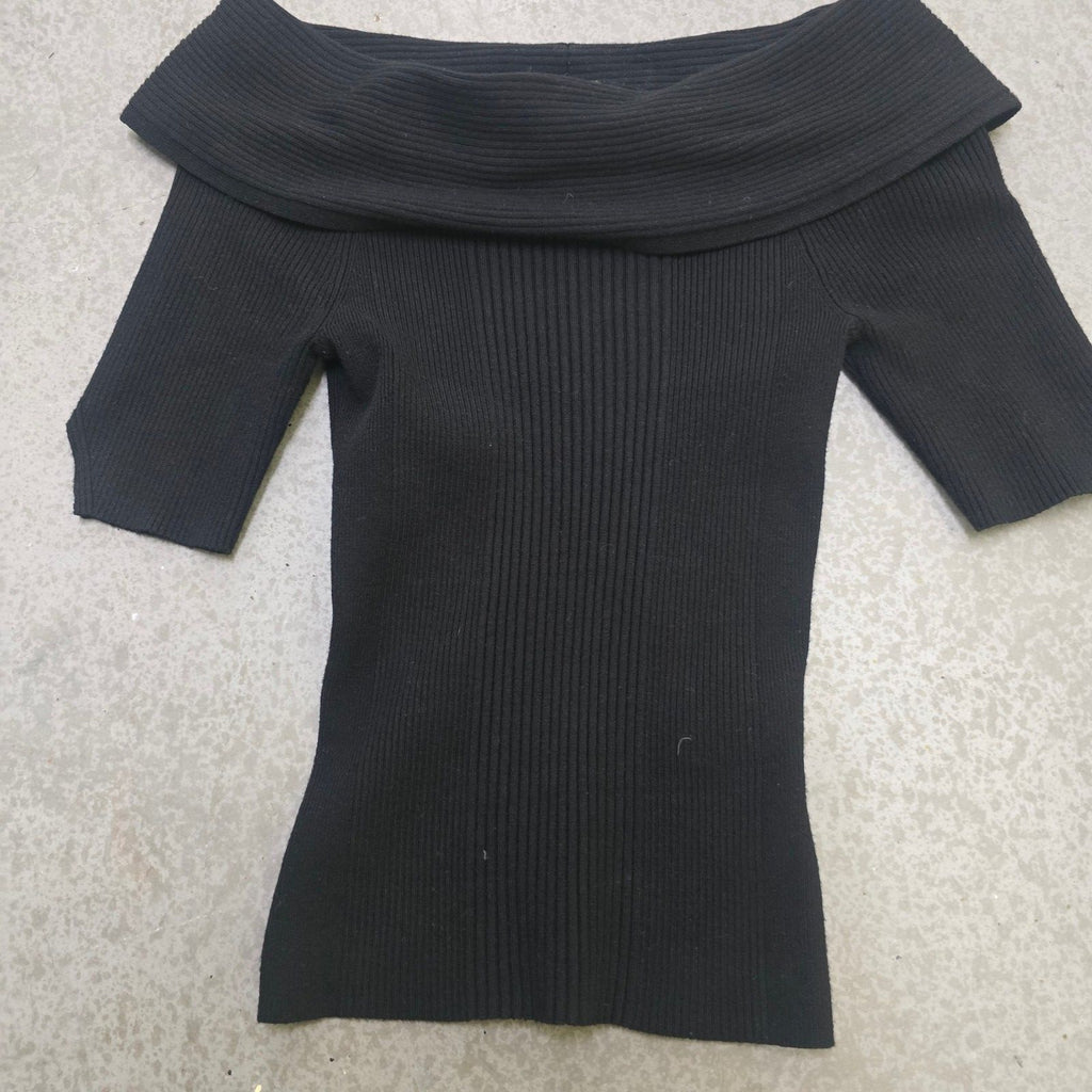 Karen Millen Black Ribbed Off-Shoulder Knit Top Size S, y2k, bardot