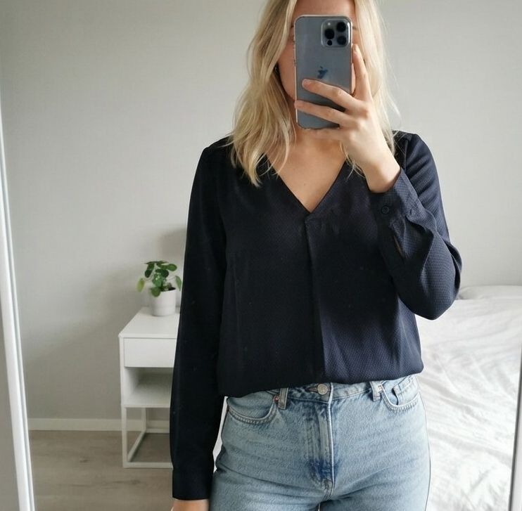 Vila Navy & Teal Spot V-Neck Blouse, Style 'Vimelli', Long Sleeve, 14/16