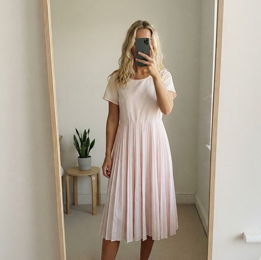 Elegant Pleated COS Dress in Light Pink, whimsical, mid length, size 8