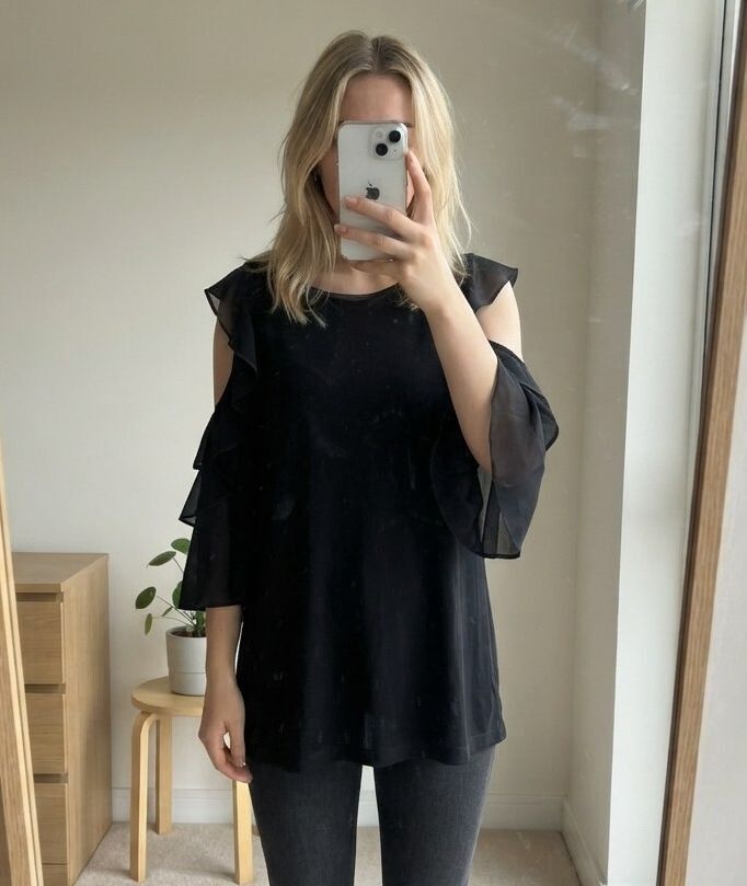 French Connection Black Sheer Ruffle Sleeve Top XS, cold shoulder