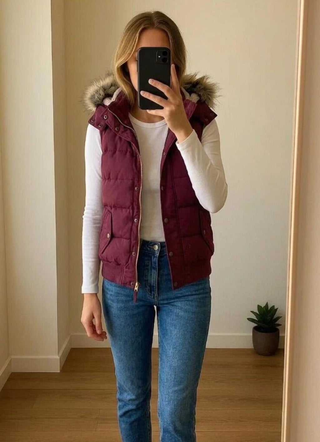 Fat Face burgundy gilet bodywarmer, detachable hood, feather & down filled, 16