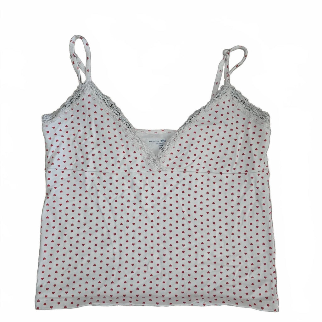 Brandy Melville White and Red Heart Print Lace Trim Cami Top, size S, Y2K