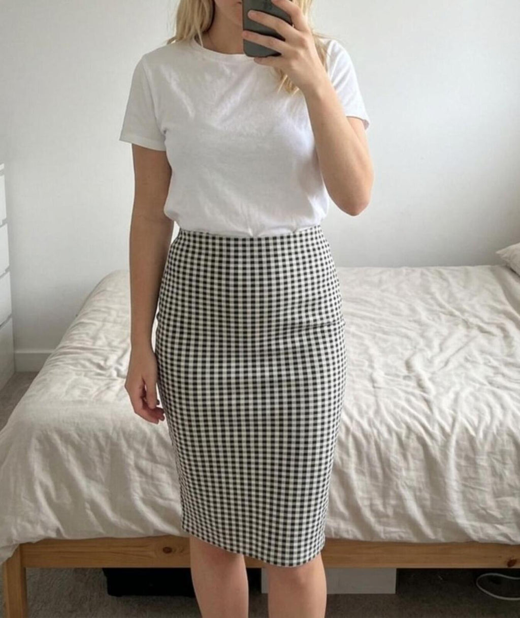 Topshop Black and White Gingham checked jersey pencil Skirt UK 8