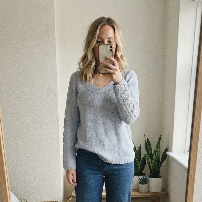 M&Co Light Blue Knit Jumper with Floral Lace Sleeve Detail Size 14