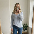 M&Co Light Blue Knit Jumper with Floral Lace Sleeve Detail Size 14