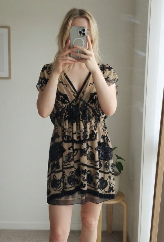 Joseph Beige and Black Velvet Embroidered Silk Mini Dress Size S rare vintage