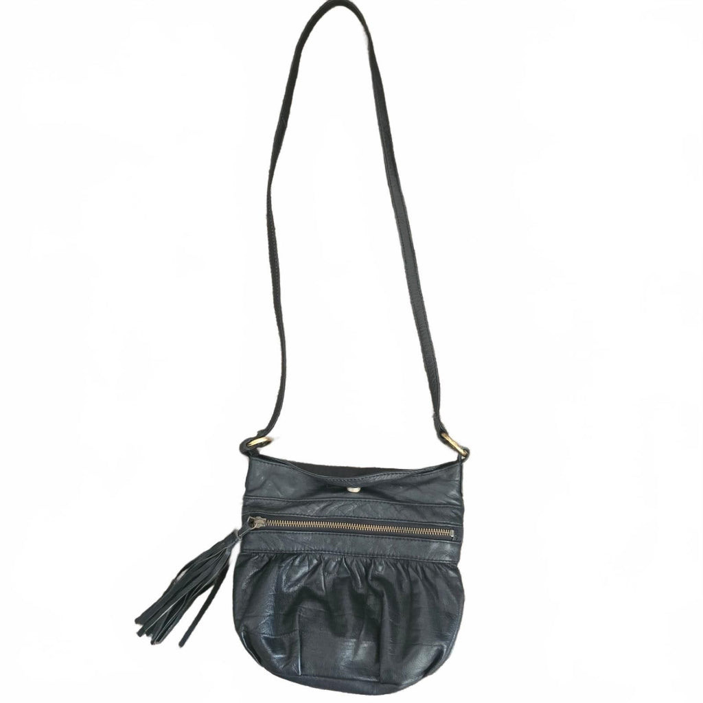 Warehouse Small Black Leather Crossbody Bag with Tassel Detail