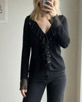 Karen Millen Black Long Sleeve Knit Top Sequin and Crochet Ruffle Detail Size 10