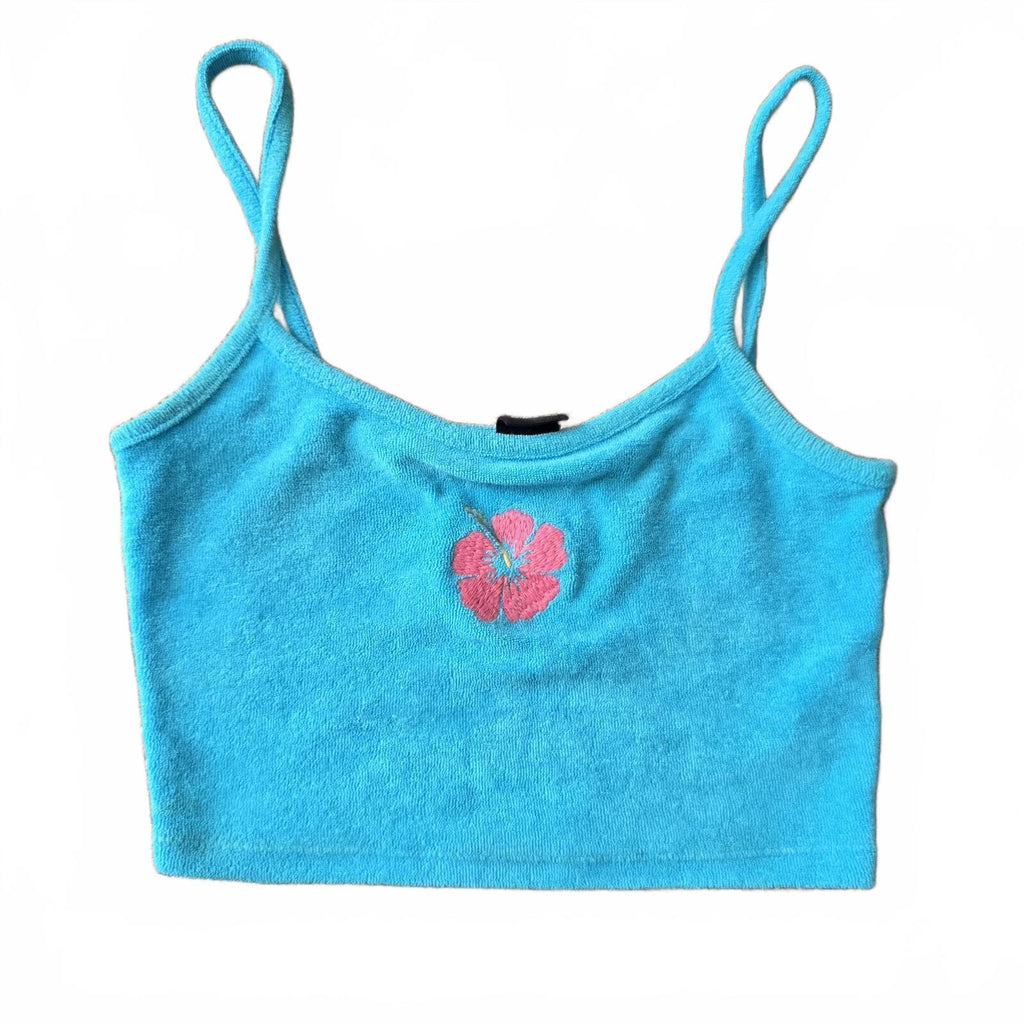 Blue Terry Cloth Crop Top with Pink Hibiscus Embroidery, Urban Outfitters, XS