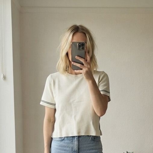 Zara Cream Short Sleeve Knit Top with Black Stitch Detailing, Size L