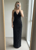 Karen Millen Black Beaded Embellished Evening V neck Maxi Dress Size 10, vintage
