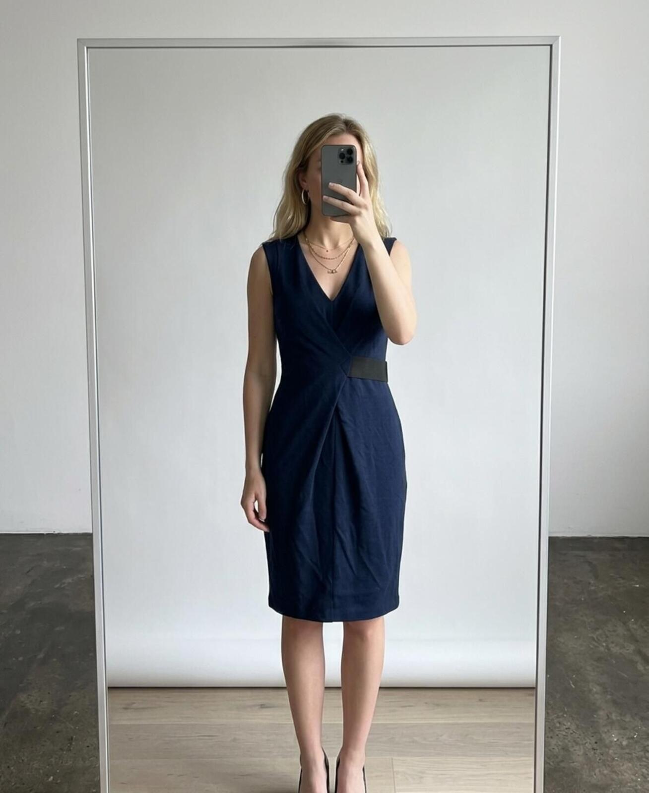 Kenneth Cole New York Navy Sleeveless Faux wrap style Dress with Back Zipper, S