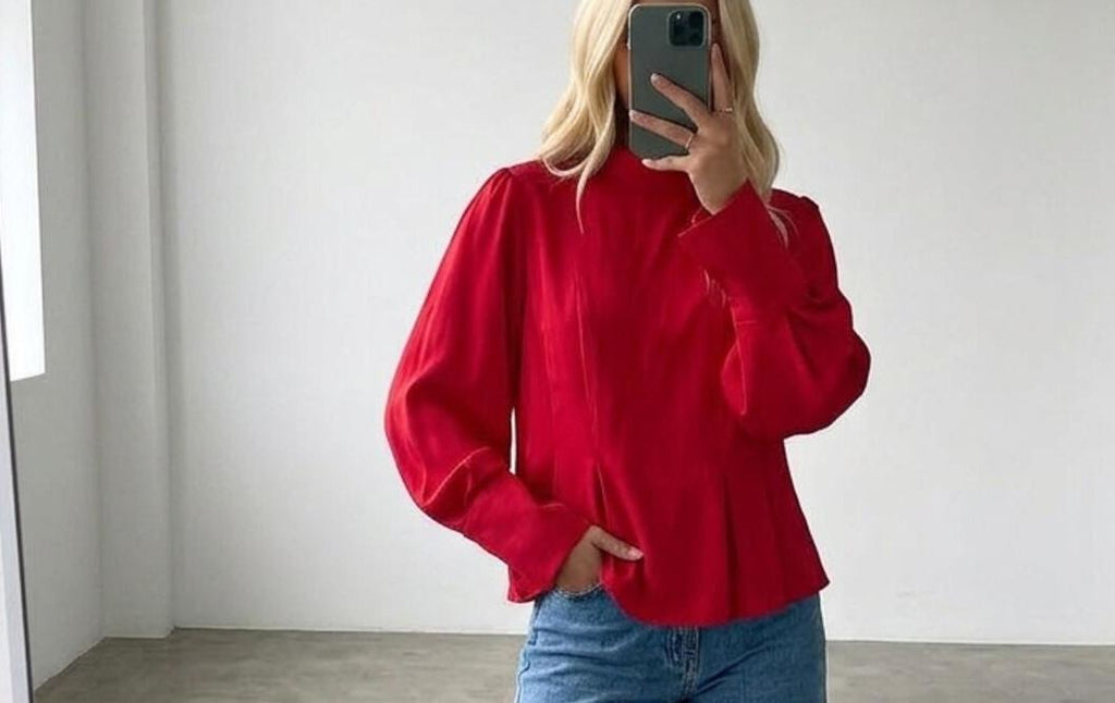 TOPSHOP High Neck Peplum Blouse Top, Vibrant Red, Size 10, Long Sleeve