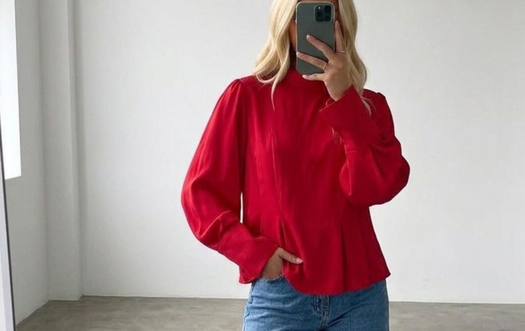 TOPSHOP High Neck Peplum Blouse Top, Vibrant Red, Size 10, Long Sleeve