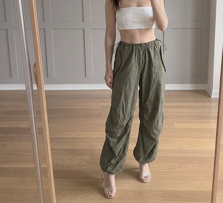 ietsfrans Olive Green Casual Loose Fit Cargo Relaxed Trousers Size S, streetwear