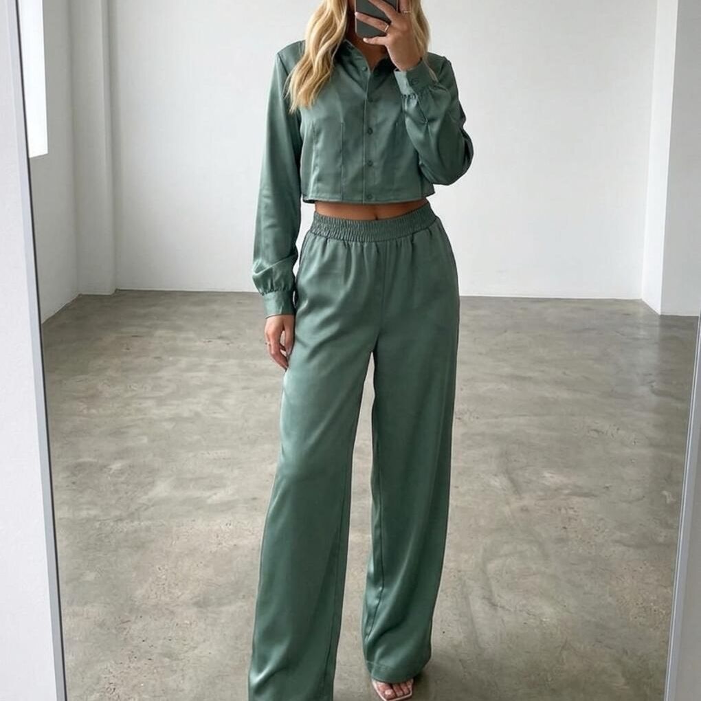 Vero Moda Satin Two-Piece Coord Set Cropped Shirt & Wide-Leg Trousers, L, BNWT