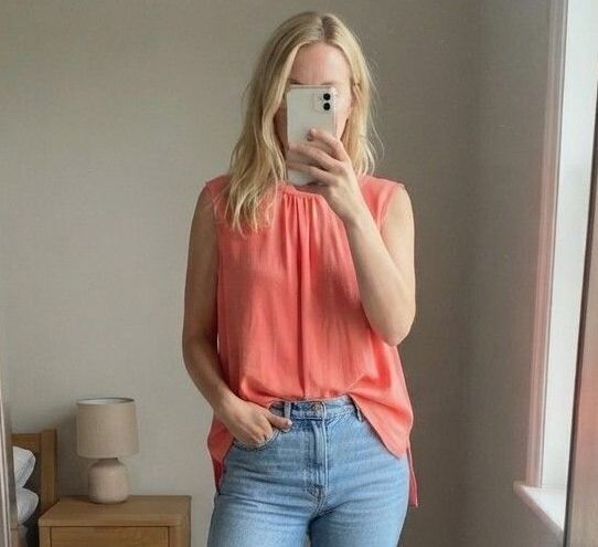 Warehouse Sleeveless Coral Viscose Top Blouse, Tie back neck, UK 10