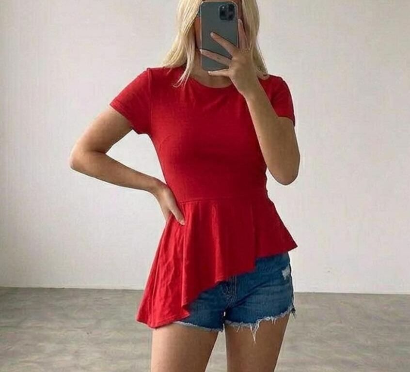 BCBGMAXAZRIA Red Asymmetric Peplum Top, style Harlee, size XS 8/10