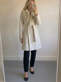 French Connection Cream Belted Faux Fur Collar Coat Size 10, virgin wool mix