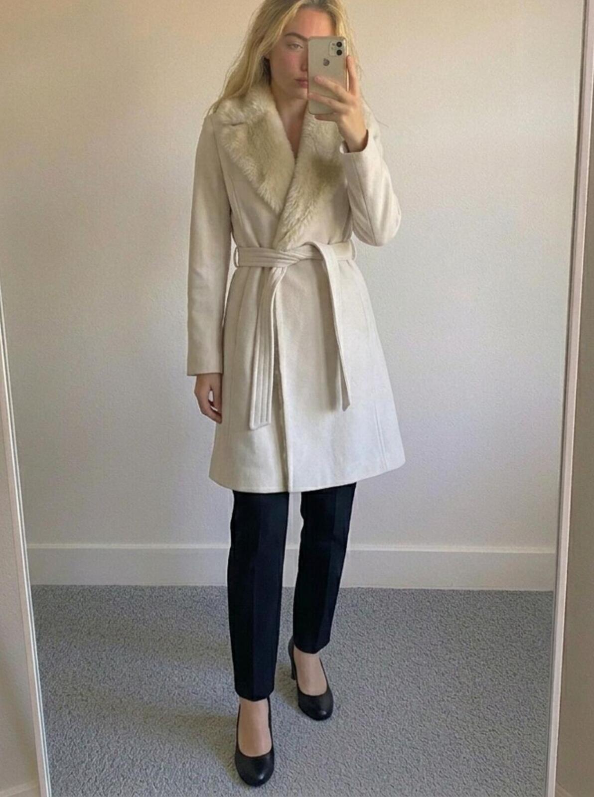 French Connection Cream Belted Faux Fur Collar Coat Size 10, virgin wool mix