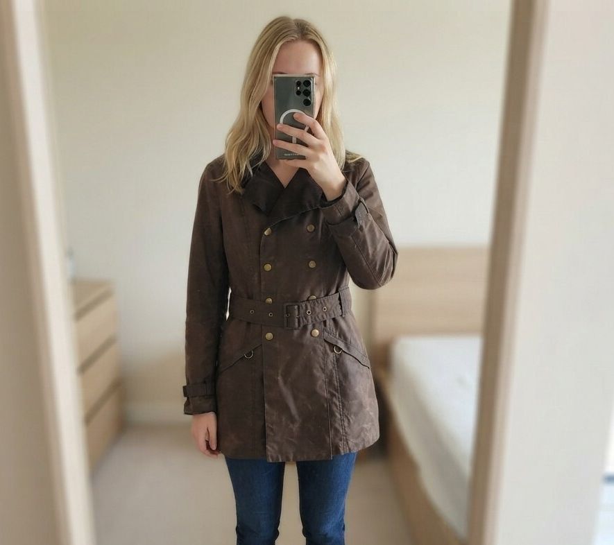 Barbour International Waxed Cotton Belted Trench Jacket Brown Size 8