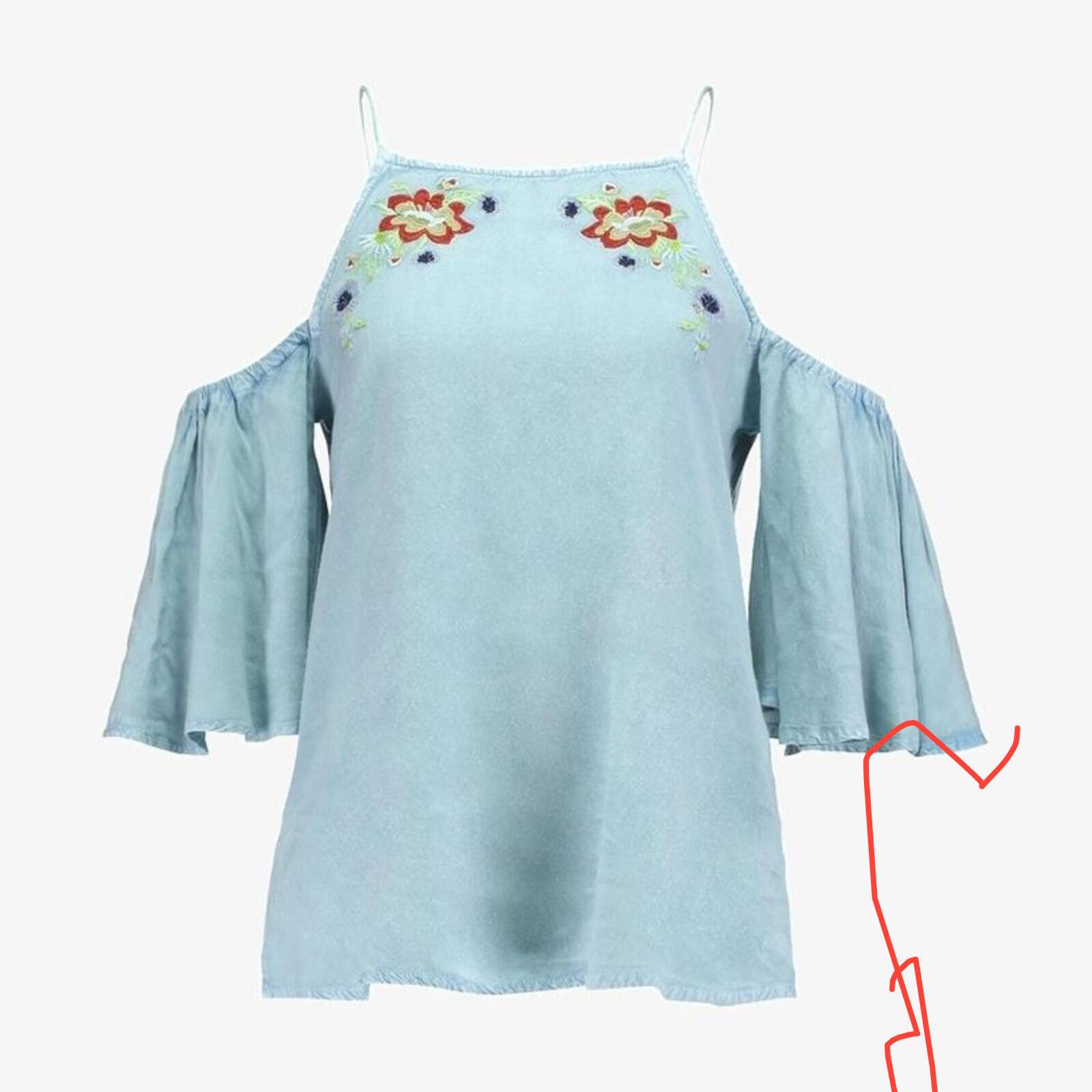 BNWT New Look Denim look Cold Shoulder Embroidered Top, size 14, rrp £24.99
