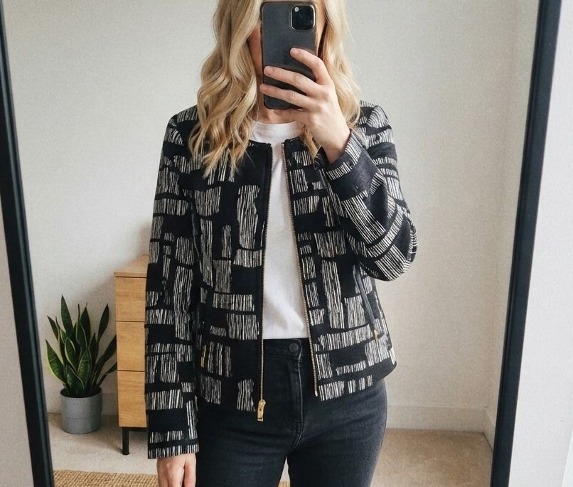 Next Black and White Patterned Zip-Up Jacket Blazer Size 16