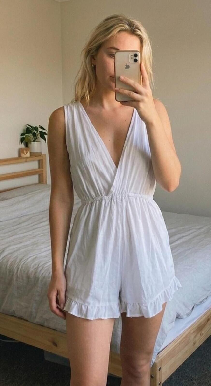 White Sleeveless Deep V Romper Playsuit, size S