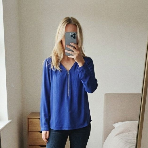 AQUA Royal Blue Chiffon Long sleeve Blouse, Quarter Zip Detail, Size M
