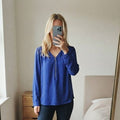 AQUA Royal Blue Chiffon Long sleeve Blouse, Quarter Zip Detail, Size M