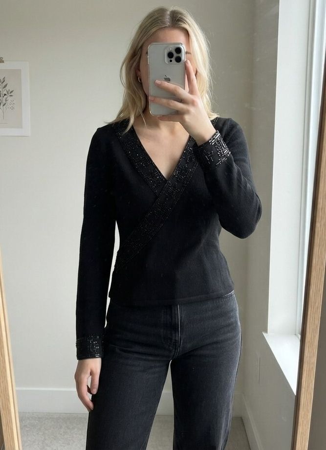 Episode Black Long Sleeve Knit Top with Beaded Trim Size S, 100% wool