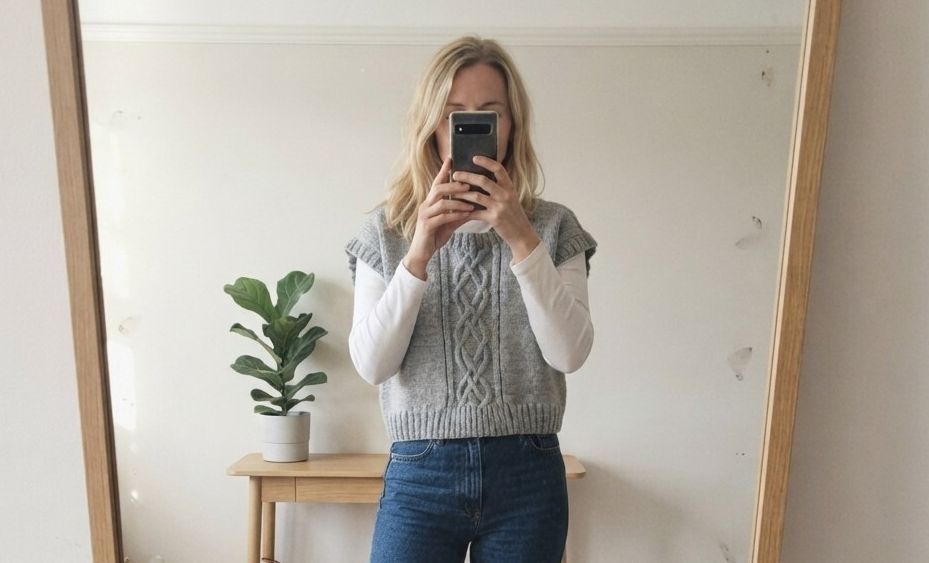 Light Grey Knit Sleeveless Sweater Vest Ribbed & Cable Knit, size L, boxy fit