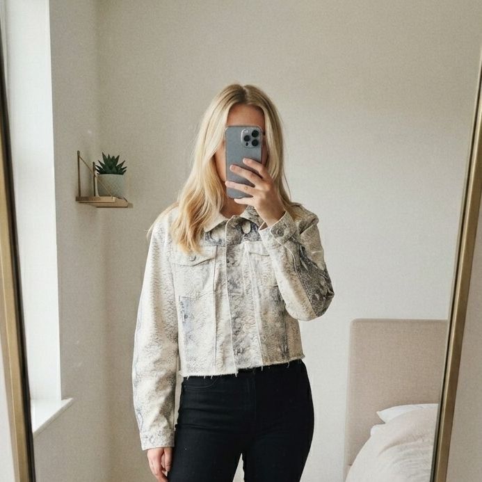 Grey Snakeskin Print Cropped Denim Jacket Raw Hem S, oversized, boxy, blogger
