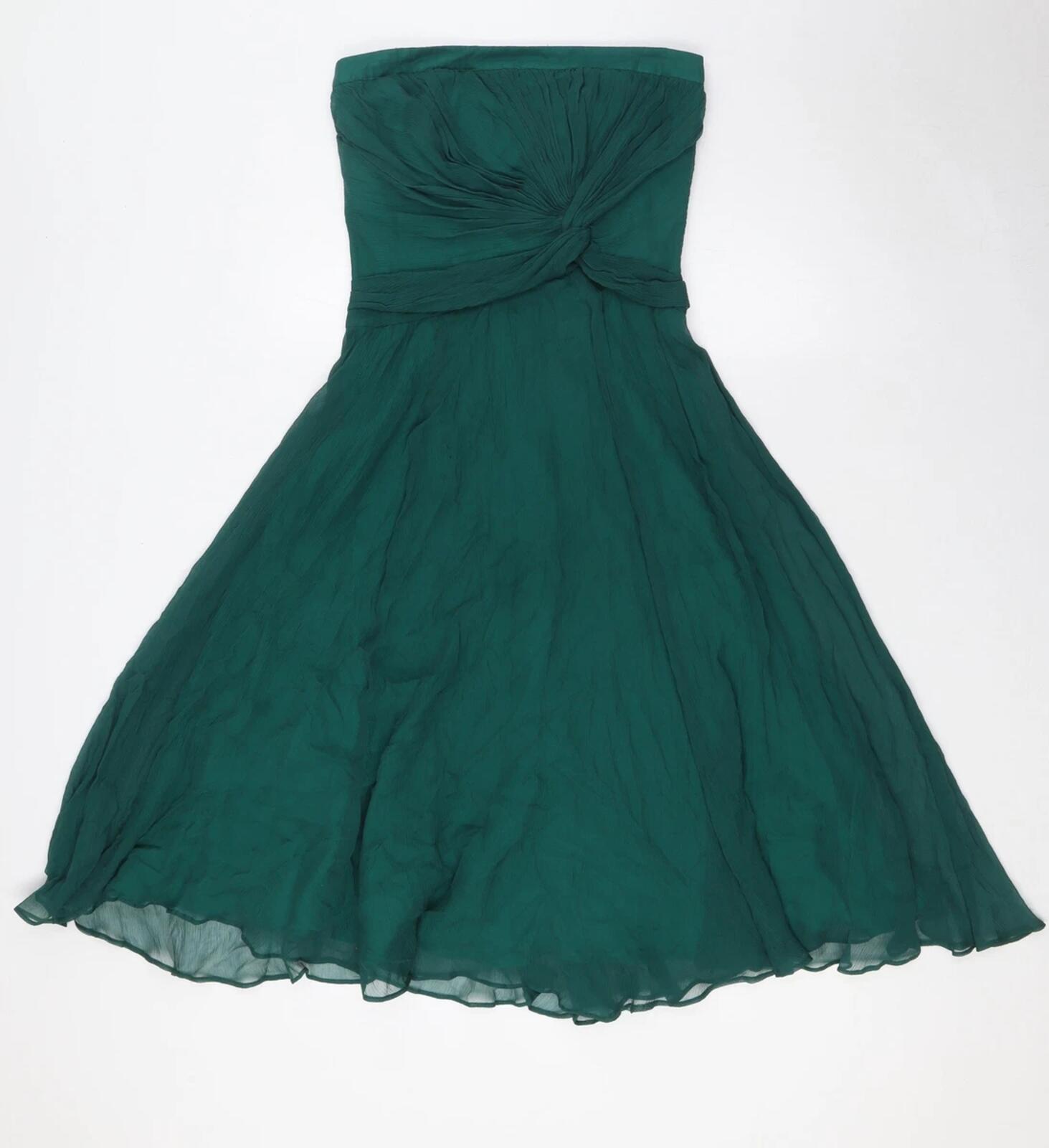 Warehouse Spotlight Elegant Green Strapless Chiffon Dress with Pleated Detail 14